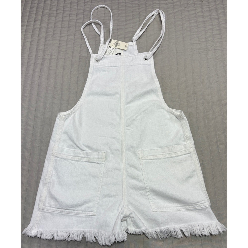 Aerie White Denim Shortall Romper Frayed Hem Womens XXS Adjustable Strap NEW NWT - Picture 3 of 8